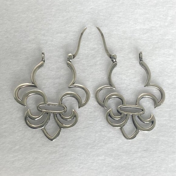 Sterling Silver 925 1.39" Fleur De Lis Hinged Clasp Hoop Earrings - Picture 6 of 15